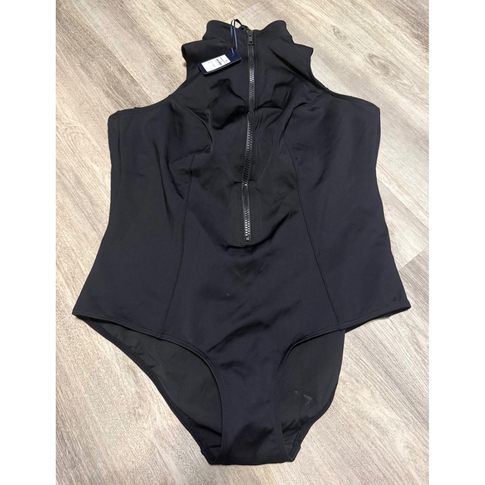 Fox &‎ Royal Black Neoprene Zip Front One Piece Swimsuit High Neck Racerback L